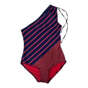DKNY Red Navy Stripe One Shoulder One Piece Swimsuit 10